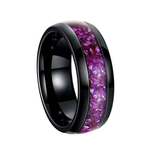 PAMTIER Men's Stainless Steel Classic Dainty Elegant Dome Style Petals Shaped Purple Crystal Inlay Ring Wedding Band Black Size 7
