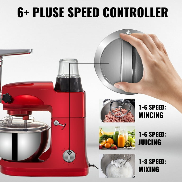 VIVOHOME 3 in 1 Multifunctional Stand Mixer with 6 Quart Stainless Steel  Bowl, 650W 6 Speed Tilt-Head Meat Grinder, Juice Blender, Red