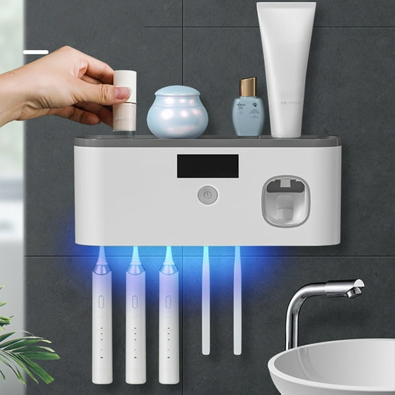 Wall Mounted Toothbrush Holder with Toothpaste Dispenser Electric Toothbrush Holder for Bathroom Solar Charging and No Drilling Required Smart Toothbrush Organizer with 5 Brush Slots, Black