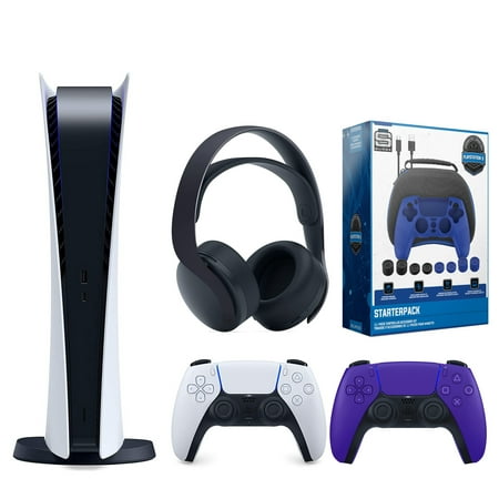 Sony Playstation 5 Digital Version (Sony PS5 Digital) with Extra Galactic Purple Controller, Black Pulse 3D Headset and Gamer Starter Pack Bundle