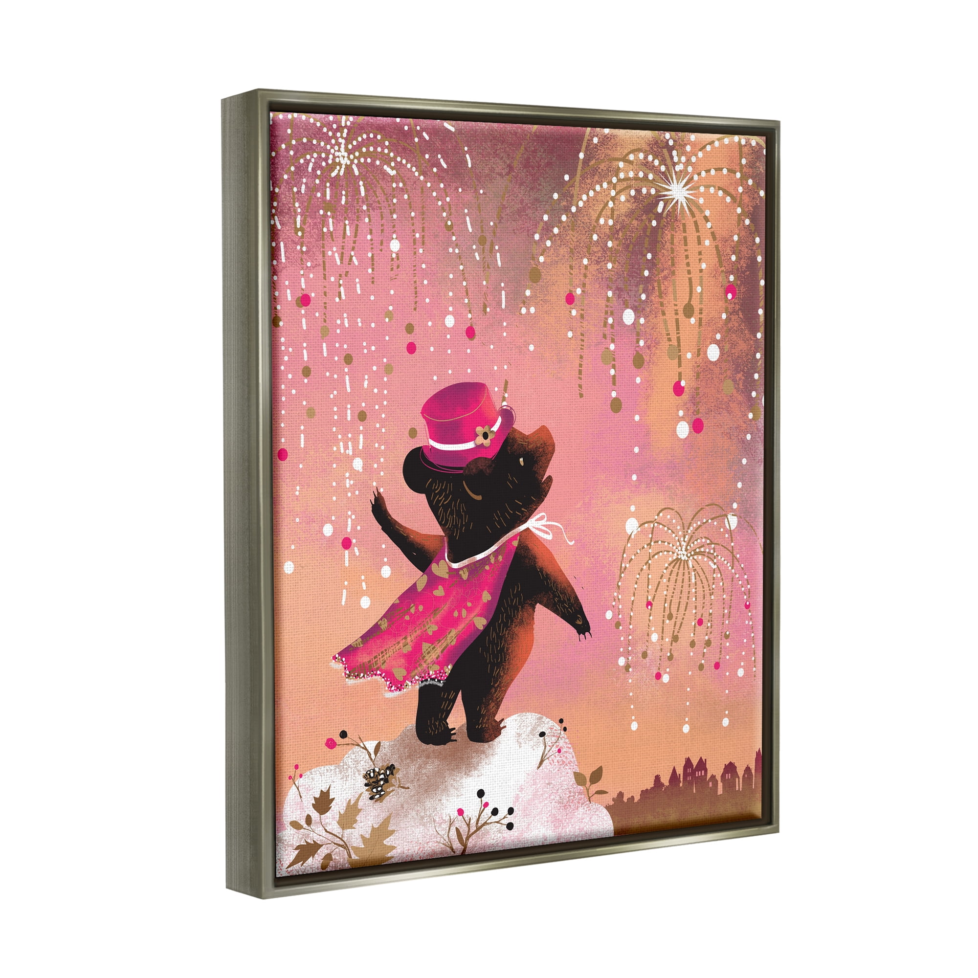 Stupell Industries Whimsical Bear with Fireworks Animals & Insects Painting Gray Floater Framed Canvas Art Print Wall Art, 17 x 21