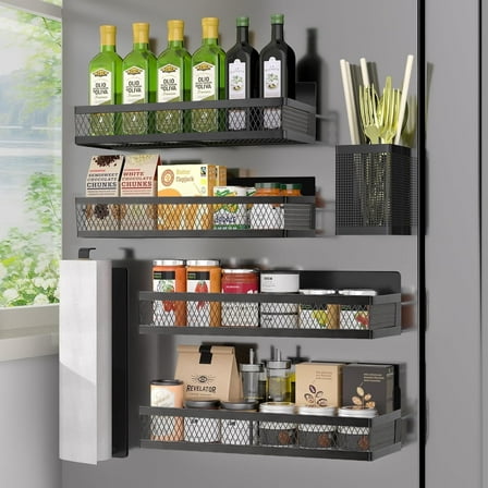 Magnetic Spice Rack Organizer,  AOKIWO 6 Pack Moveable Fridge Spice Shelves for Refrigerator, Strong Magnetic Metal Refrigerator Shelf Organizer with Paper Towel Holder, Utensils Holder, Black