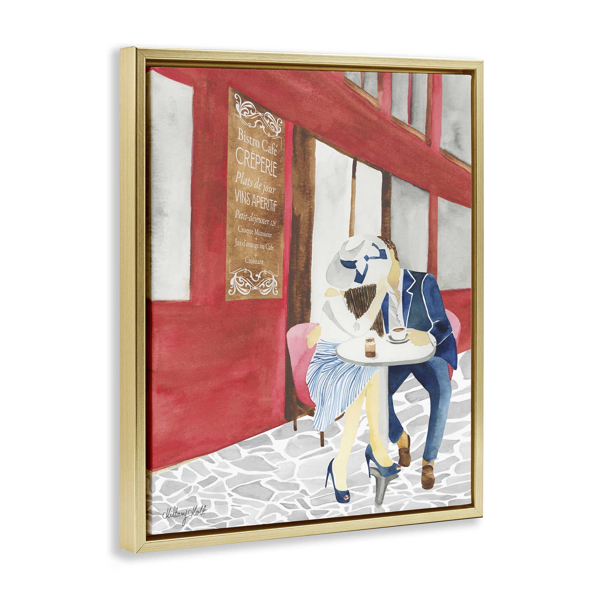 Stupell Industries Kiss At Parisian Cafe Gold Framed Floater Canvas Wall Art, design by Hillary Holt