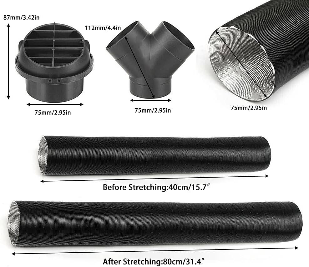 Diesel Parking Heater Set, 75mm Warm Heater Duct Pipe, Air Outlet, Y-type Elbow & Clamps