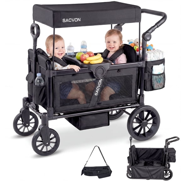 SACVON 2-Seater Stroller Wagon with Side Entry, Canopy & Snack Tray, Includes Removable Storage Bag That Converts to a Backpack-Black