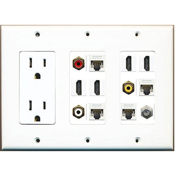 RiteAV (3 Gang 15A Power Outlet 4 HDMI Coax 4 Cat5e Composite Video Wall Plate White