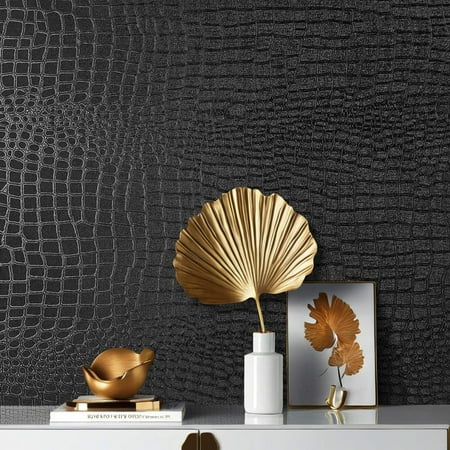 Arthome 17"×393" Black Crocodile Peel and Stick Wallpaper,Charcoal Black Alligator Textured Contact Wallpaper Self-Adhesive Waterproof Embossed Easy Peel Off Wallpaper for Cabinet Bedroom Bathroom