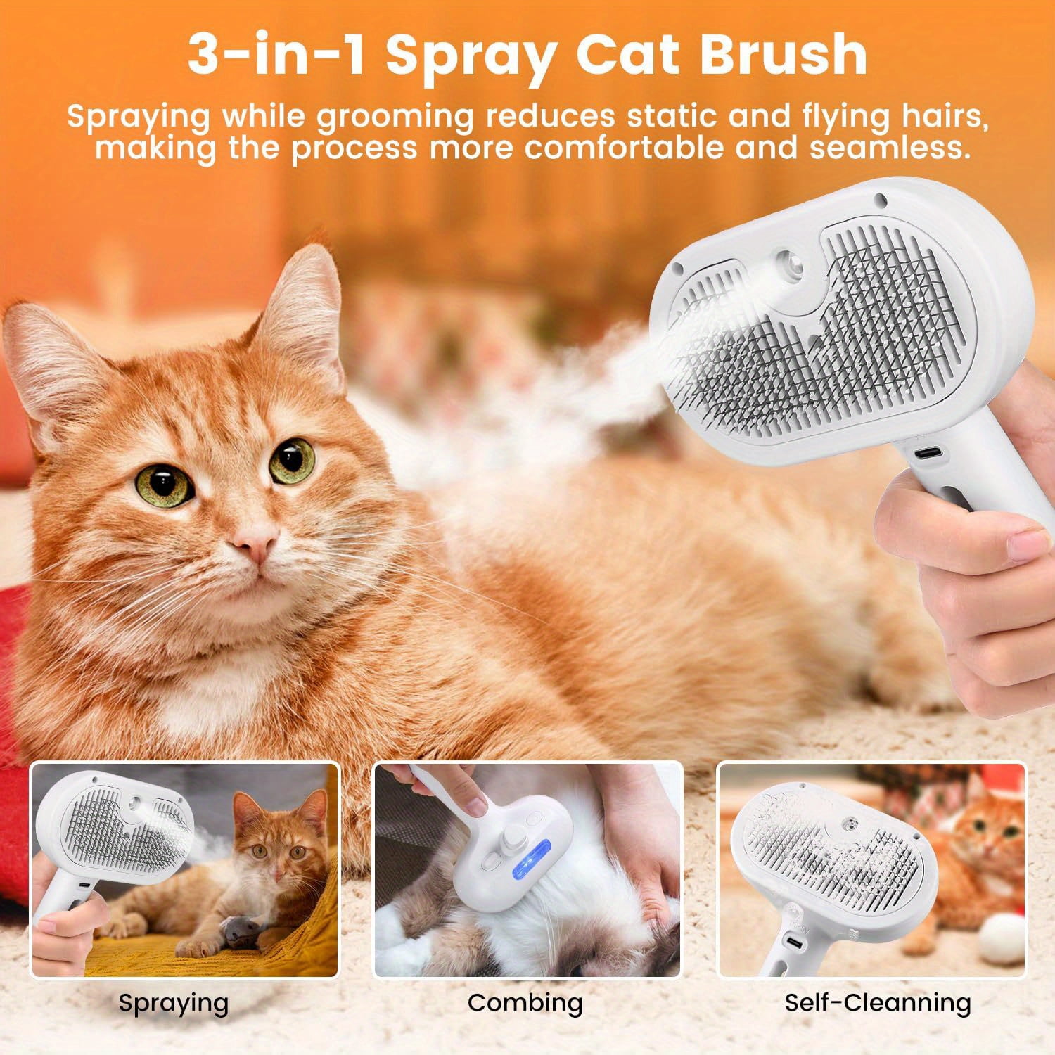 EIMELI Self-Cleaning Steam Brush for Cats & Dogs Effortlessly Removes Shedding Hairs with Water Tank and Stainless Steel Brush