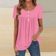 thumbnail image 2 of Pxxlle Summer Tops for Women Dressy Casual Pleated Short Sleeve Shirt Loose Fit Round Neck Tunic Top Solid Color Pink L, 2 of 6