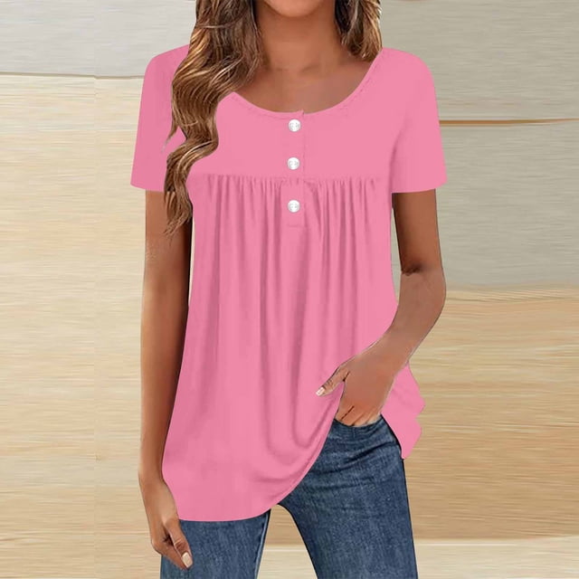 TaTaai Pleated Blouse Stretchy Soft Lightweight Women's Loose Fit Short Sleeve Round Neck Button Detail Casual Daily Fashion All-Season Versatile Top Gift
