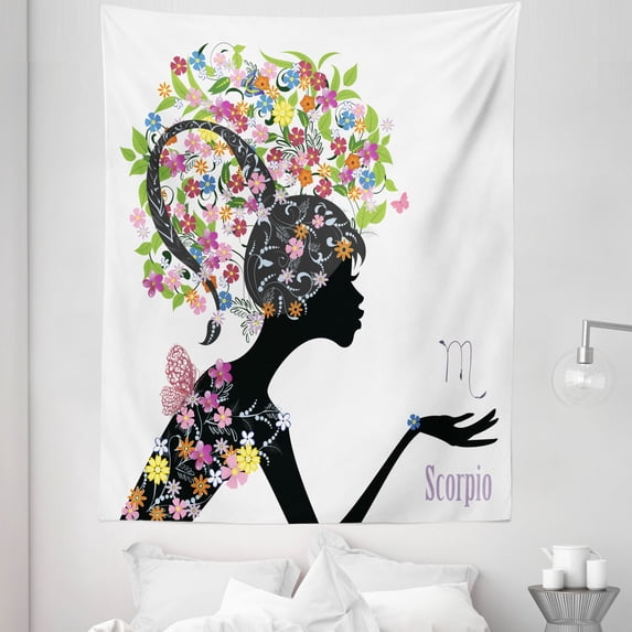 Zodiac Scorpio Tapestry, Fashion Girl Silhouette with Colorful Blossoming Floral Dress and Hairstyle, Fabric Wall Hanging Decor for Bedroom Living Room Dorm, 5 Sizes, Multicolor, by Ambesonne