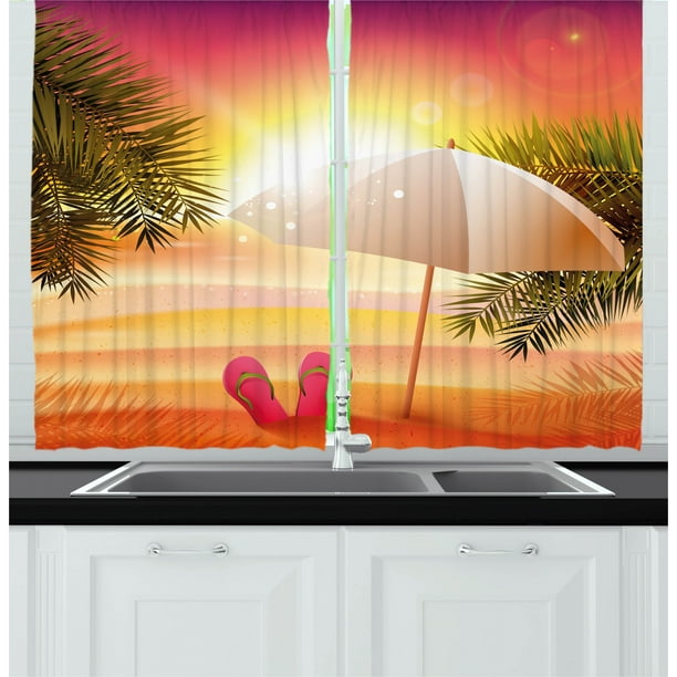 Summer Kitchen Curtains, Sunset at the Beach Flip Flops Umbrella and Palm Trees Illustration, Two Panels Drapes with Rod Pocket Room Decor, 55
