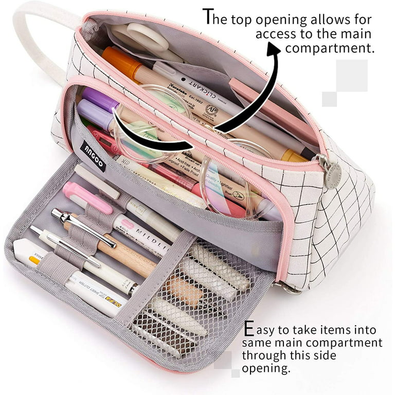 Pencil Case Grid Pencil Pouch with 3 Compartments Stationery Bag Pencil Bag  for Girls Teens Students Art School and Office Supplies (Plaid White)