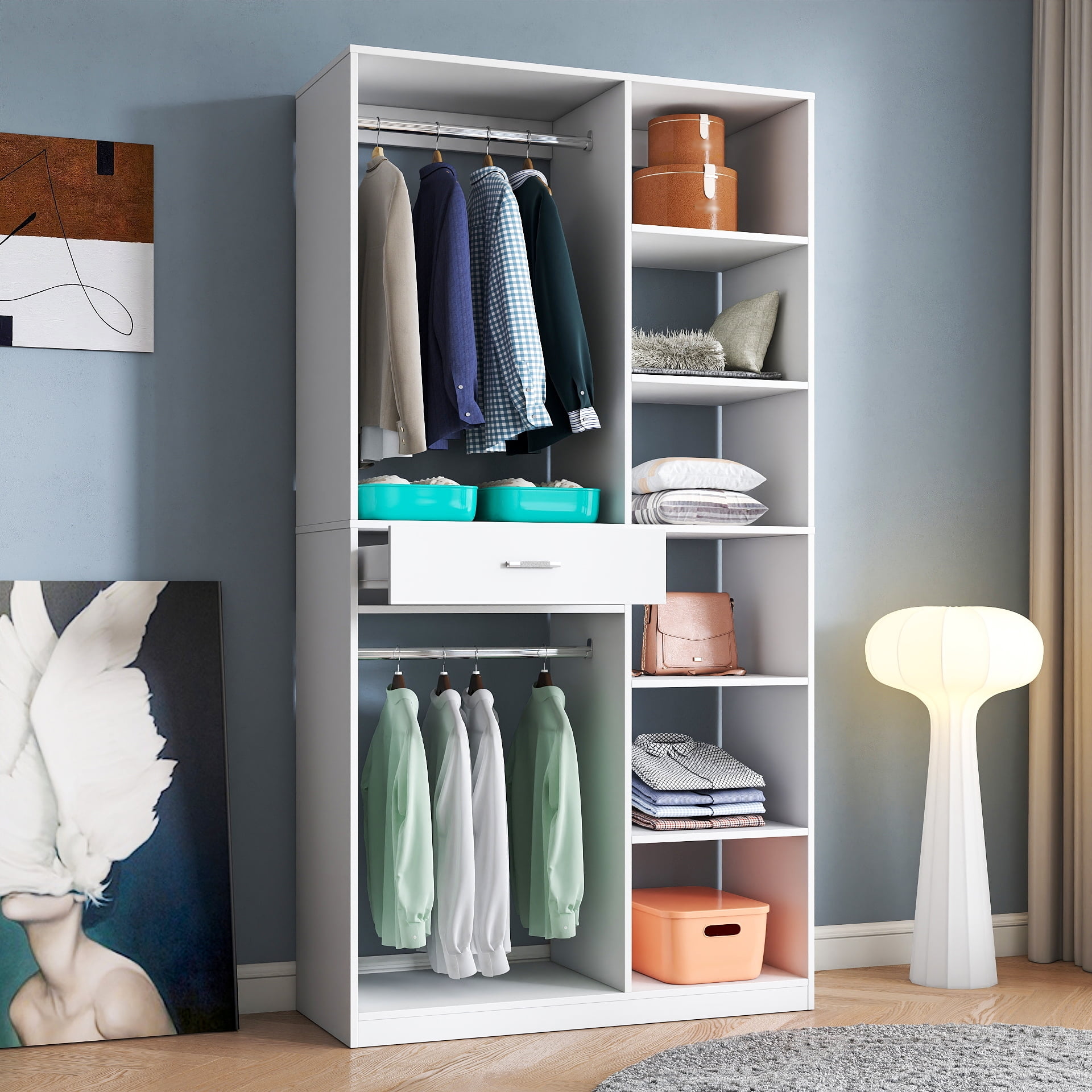 Freestanding Closet System Wardrobe with 6 Open Shelves 2 Hanging Rod 1 Drawer, White