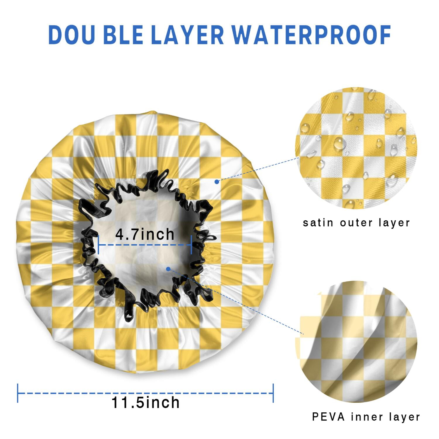 Shower Caps,Yellow White Checkerboard Checkered Pattern Waterproof Shower Cap for Women 4 Pieces,Double Reusable Hair Cover for Shower PEVA Elastic Stretch Hem