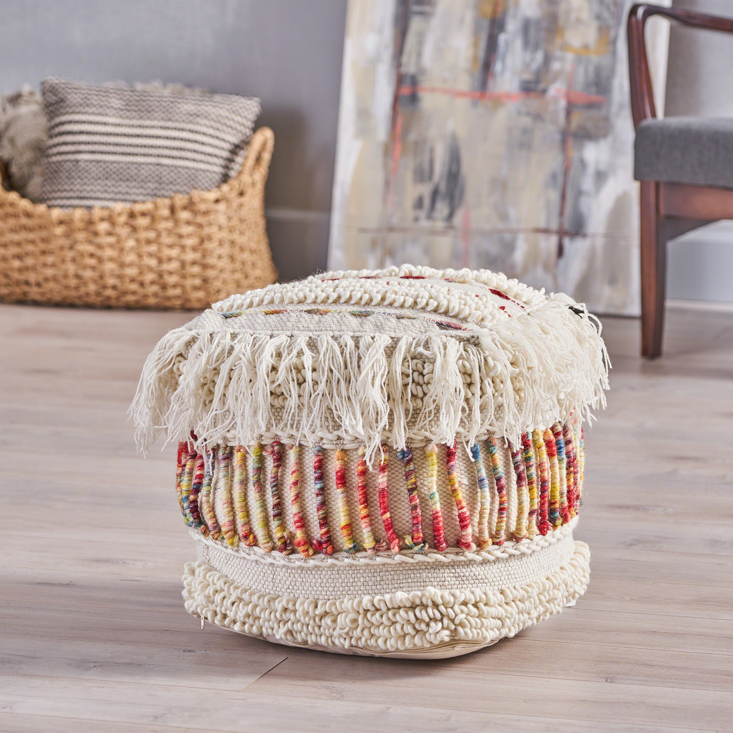 Noble House Leif Handcrafted Boho Fabric Pouf, Ivory and MultiColored