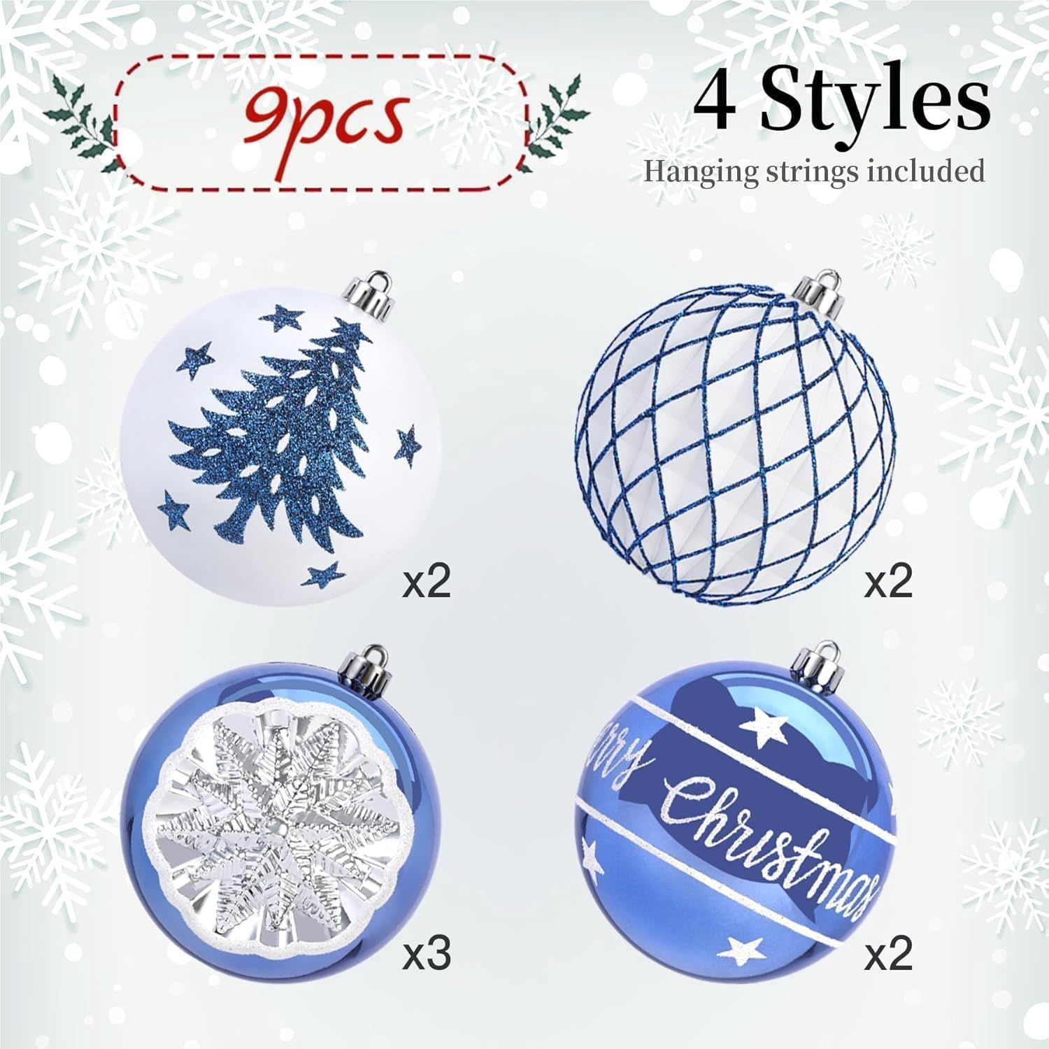 100MM/4 Inch 9PCS Large Christmas Balls Ornaments, Shatterproof Plastic Hanging Big Baubles Set for Xmas Tree Decoration Holiday Party Wedding Decorations with Hook