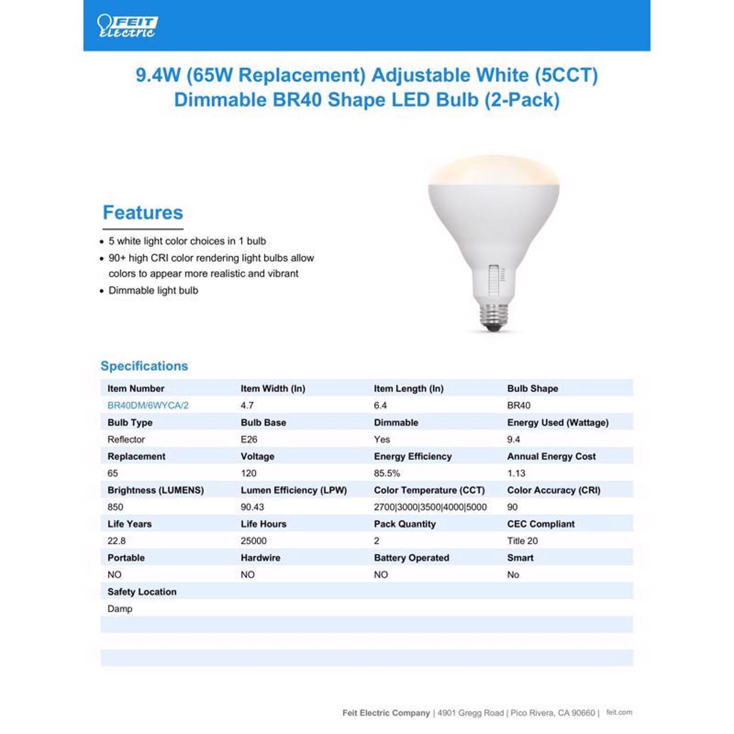 Feit BR40 E26 (Medium) LED Floodlight Bulb Soft White 65 Watt Equivalence 2 pk