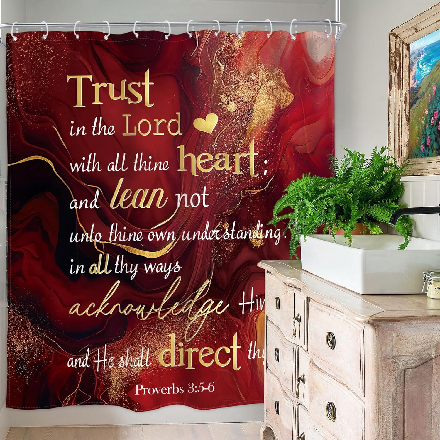 Burgundy Red Marble Bible Verse Shower Curtain Scripture Inspirational Quotes Abstract Modern Ombre Luxury Golden Cracked Lines Waterproof Polyester Fabric Bathroom Bathtub