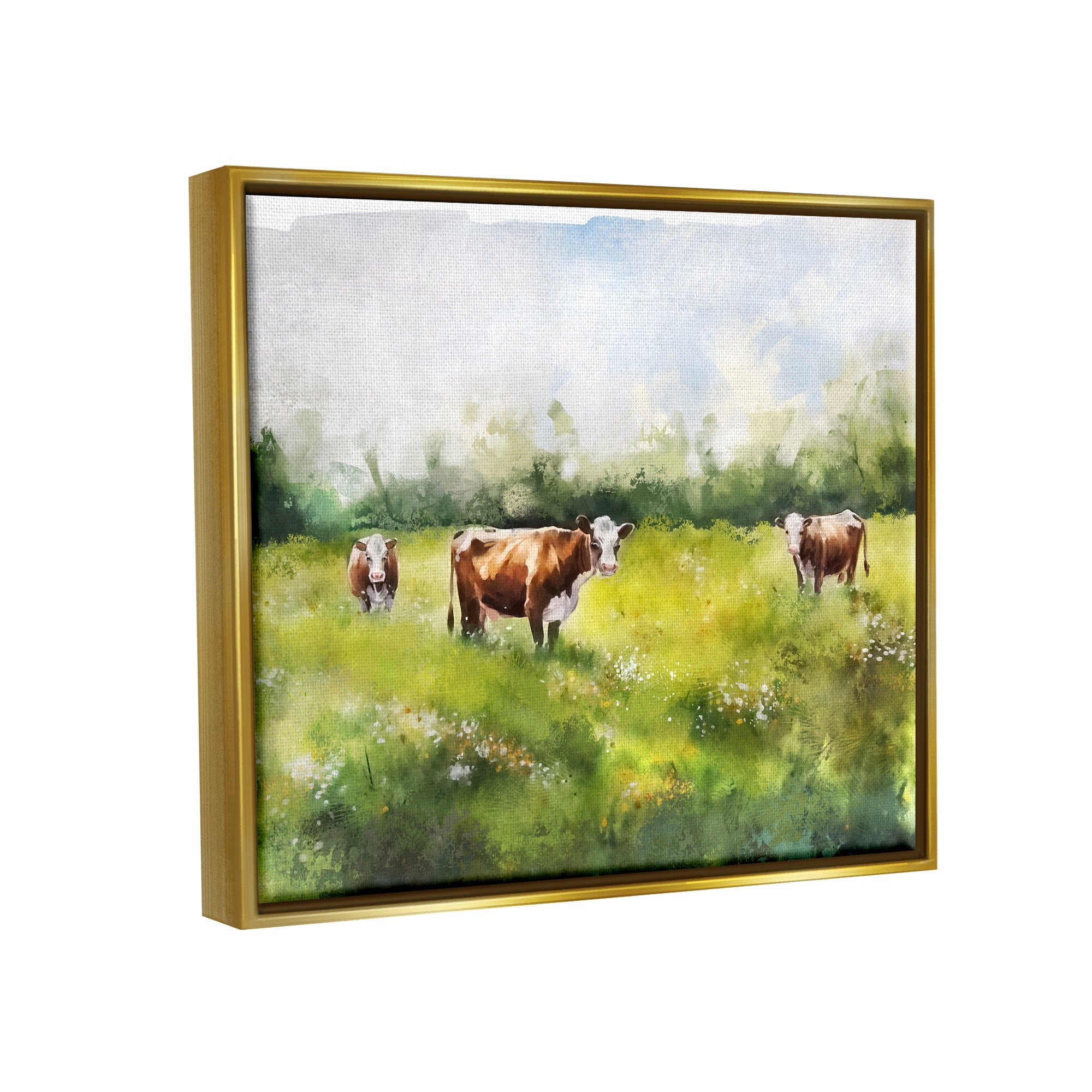 Stupell Industries Cows in Pasture Watercolor Animals & Insects Painting Gold Floater Framed Canvas Art Print Wall Art, 21 x 17