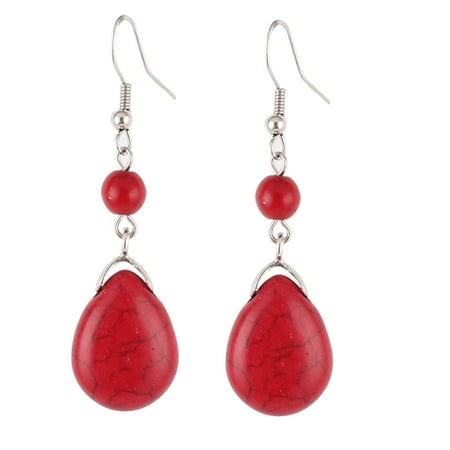 Style Bead Earrings - Unique Bargains Retro Style Red Turquoise Teardrop Beads Pendant Dangle Hook Earrings Pair