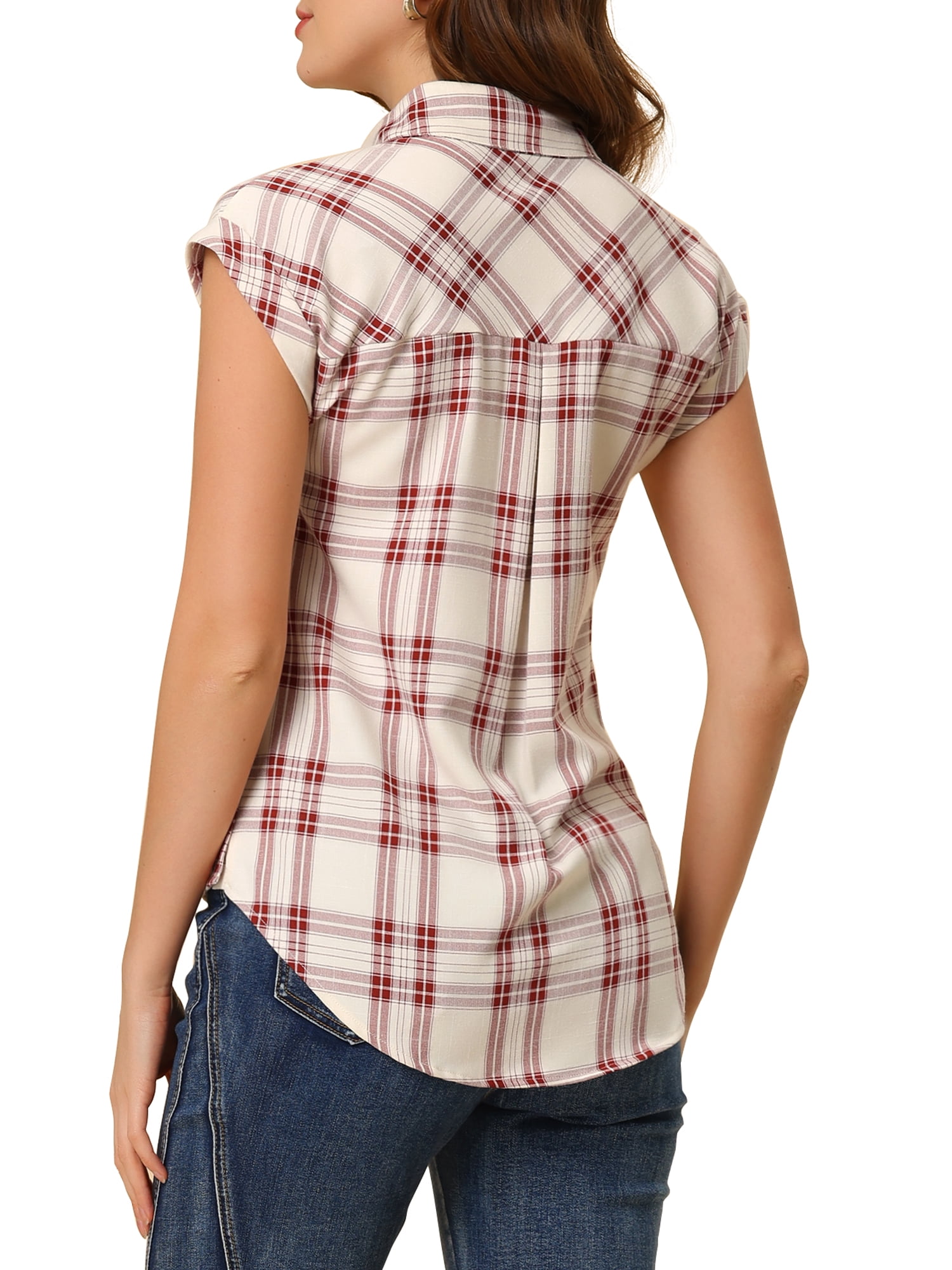 DARING DIVA Women's Summer Plaid Short Sleeves Button Down Shirts S Red-White