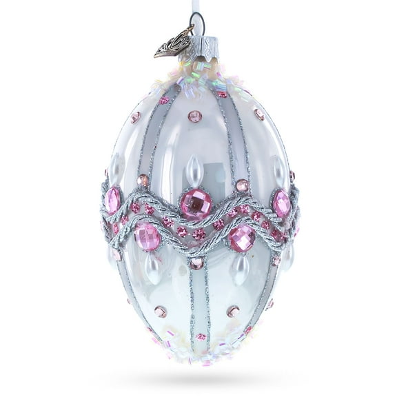 Pink Jewels on Striped Glass Egg Ornament 4 Inches