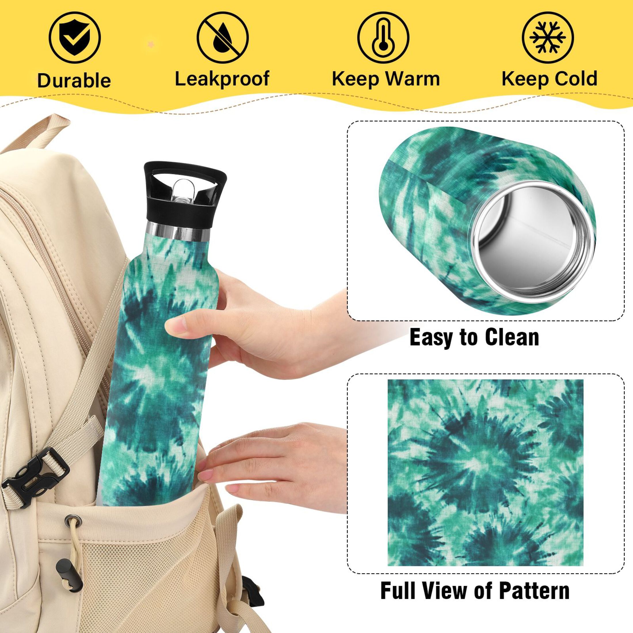 Kids Insulated Stainless Steel Sports Water Bottle 600ml (20oz) Dark Teal Tie-dye Pattern