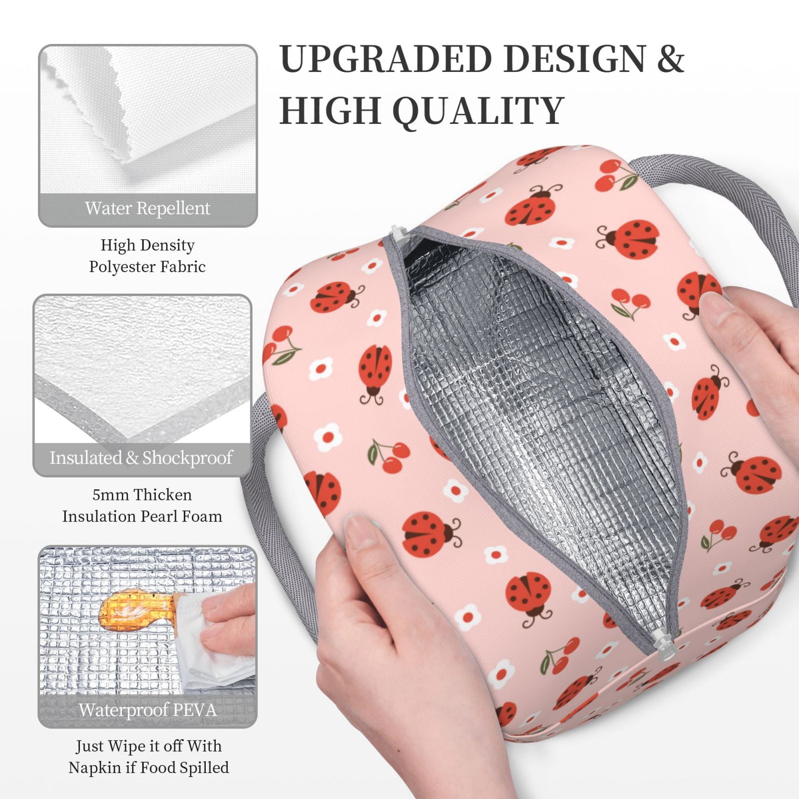 Horeoi Ladybug With Flower Pattern Large Insulated Lunch Bag for Work, School, Picnic - Waterproof, Durable Oxford Cloth, Comfortable Handle-Light Grey