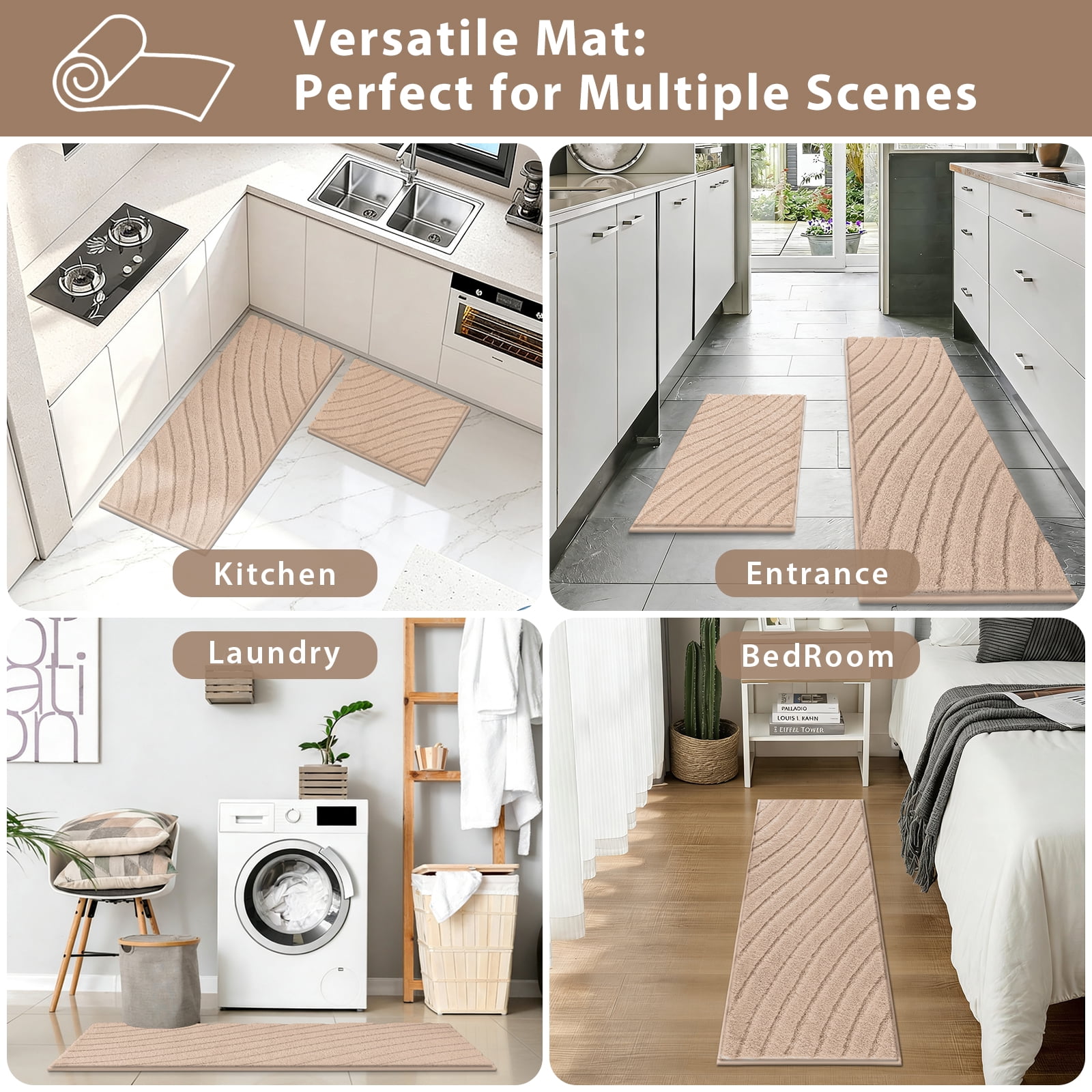 Findosom 3pcs Bathroom Rugs Set with U-Shaped Mat,Non Slip Machine Washable Wave Bath Mat,Ultra Soft Plush Shower Rugs for Bathroom,Tub,Shower20"x32"+20"x59"+U 20"x24"Beige