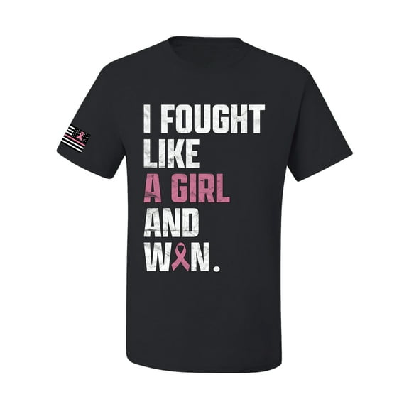Wild Bobby I Fought Like A Girl and Won US Flag Breast Cancer Awareness Men Tee, Black, Small