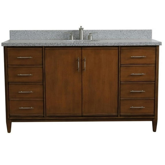 MCM 61" Single Oval Sink Solid Wood Vanity in Walnut/Gray Granite Stone
