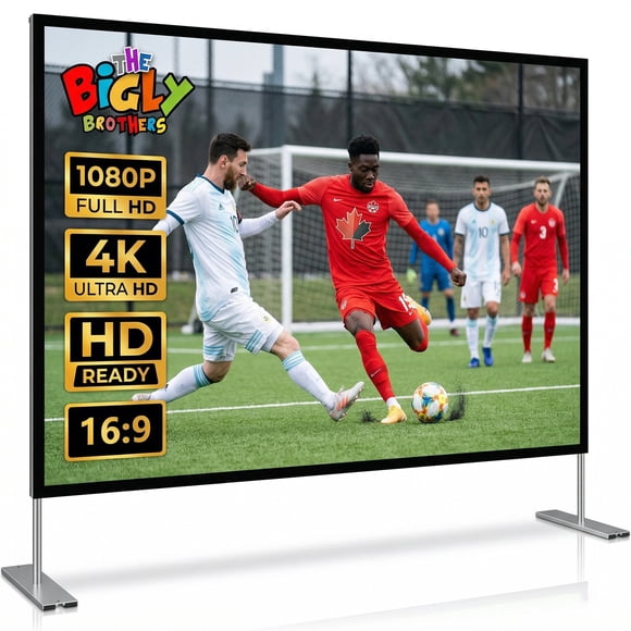 The Bigly Brothers Projector Screen with Stand, 4K HD Indoor/Outdoor 16:9 Projection for Home Theater, Gaming, Business, Schools and Weddings, 3D Fast-Folding Projector Screen with Legs and Carry Bag