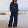 thumbnail image 2 of ShomPort 2 Piece Sets for Women Cotton Linen Casual Matching Sets Long Sleeve Pullover Tops Long Pants Sets (Navy 40), 2 of 7