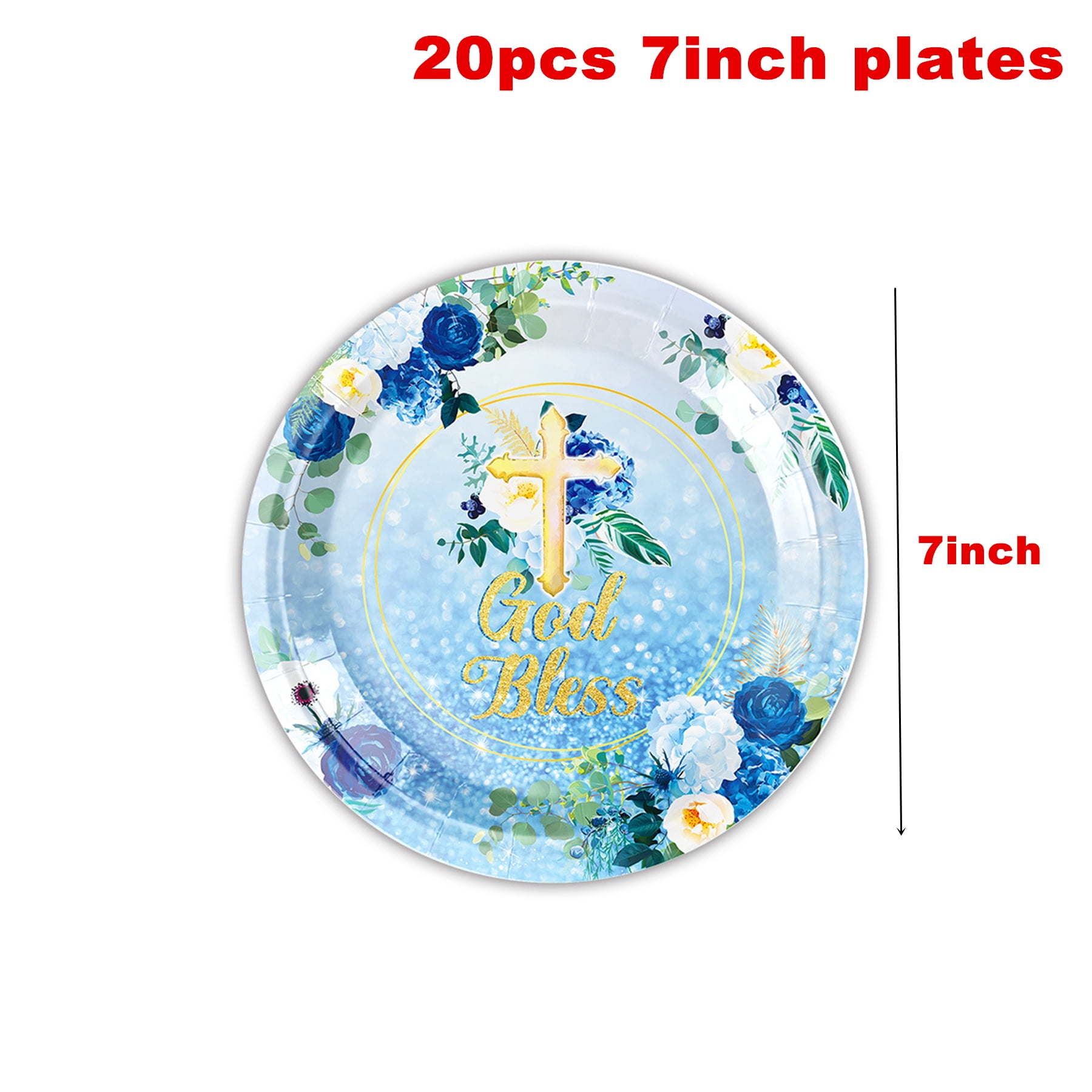 161 Pcs Blue God Bless Tableware Set, Baptism First Holy Communion Party Decorations Supplies for Newborn Baby Shower, Baptism Church Cross White Floral, Serves 20 Guests