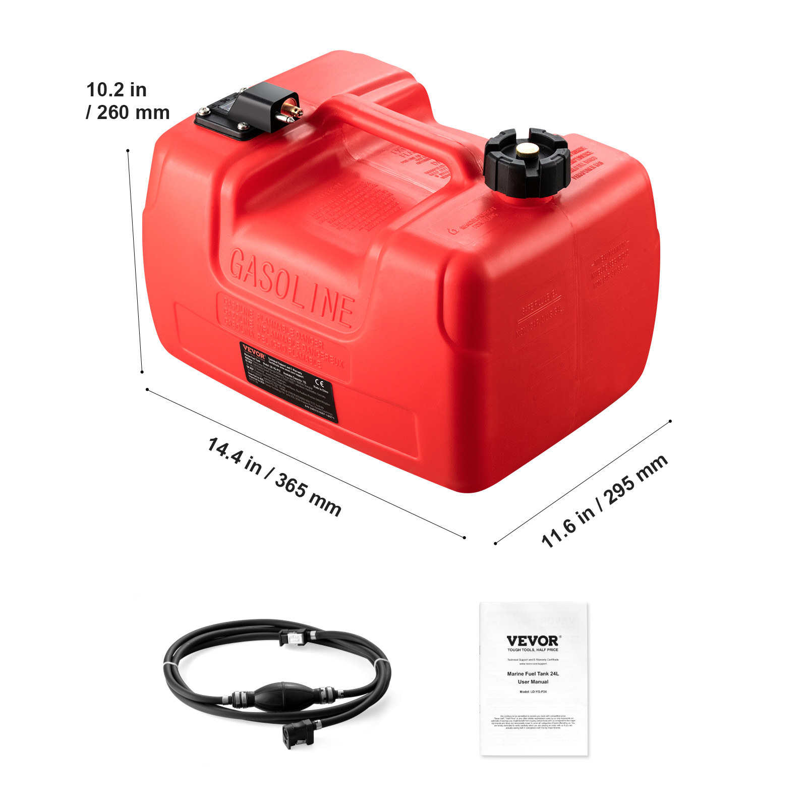 VEVOR Boat Fuel Tank, 3.17-Gallon/12-L Marine Outboard Transfer Tank, Transfer Tank with 9.8ft Hose, Gauge for Outboard Engine, Yacht, Fishing Boat, Deck, Red