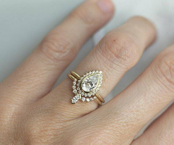 HeartsAndYou 2ct Pear Cut Moissanite Engagement Ring for Women 18k Yellow Gold Over Silver Halo Curved Bridal Set