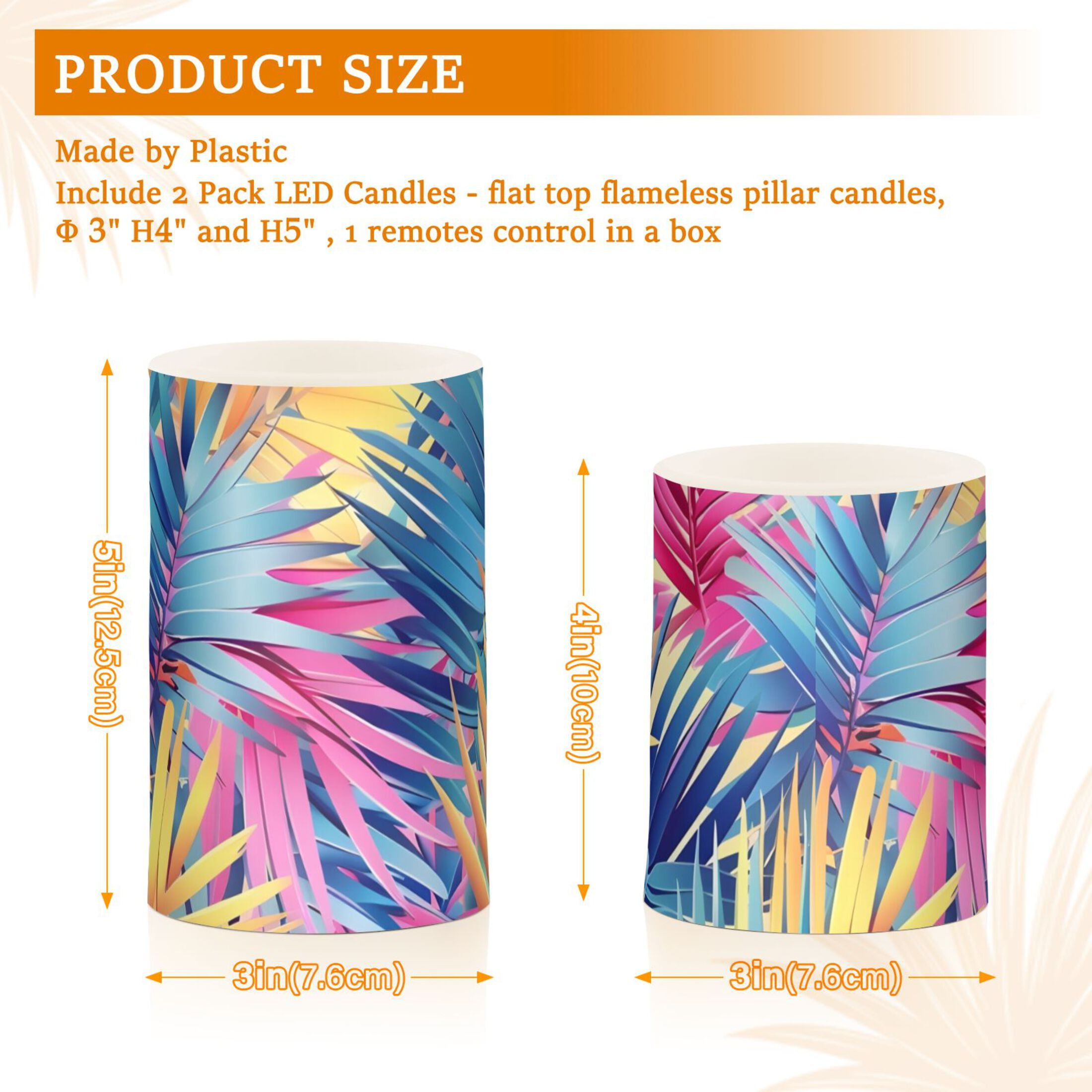 Colorful Tropical Palm Leaves Flickering Flameless LED Candles set of 2 Battery Operated 18-Key Remotes Timer Halloween Fall Decor D3''xH4''5''