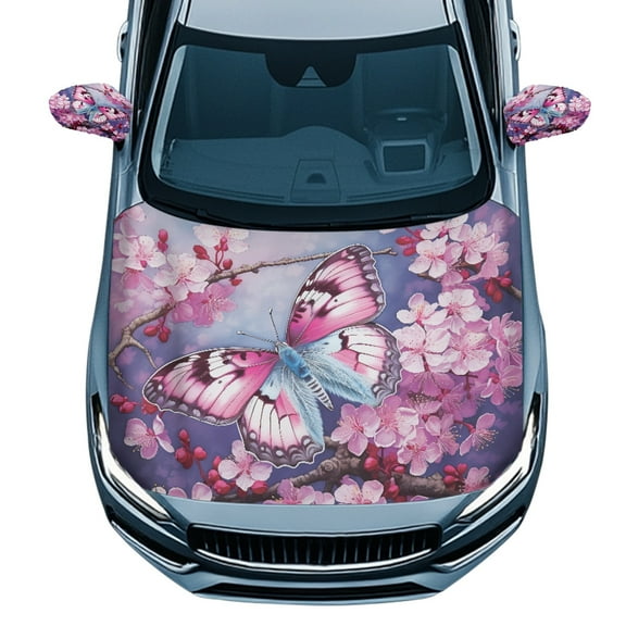 Yuyamidu Pink Butterfly Side View Mirror Covers for Car Sedan Exterior Accessories Pink Flower Auto Hood Cover Protector 1 Car Hood Dust Cover and 2 Auto Side View Mirror Covers