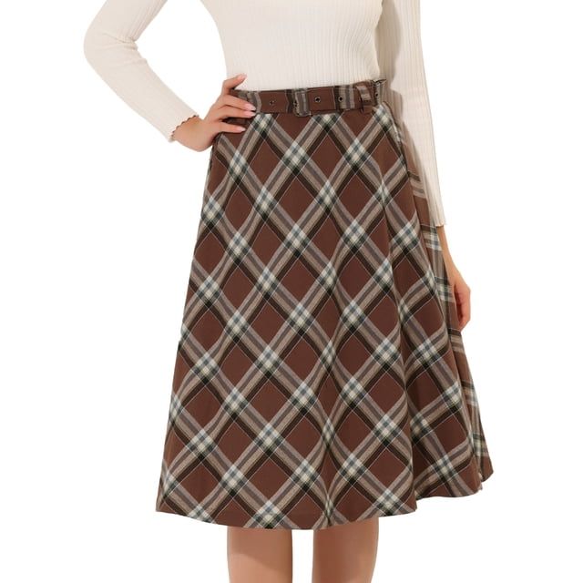 AllegK FalMidi Vintage Con Cinturón Y CintuAlDe TartánCuadros PaMujer Cafe Blanco M