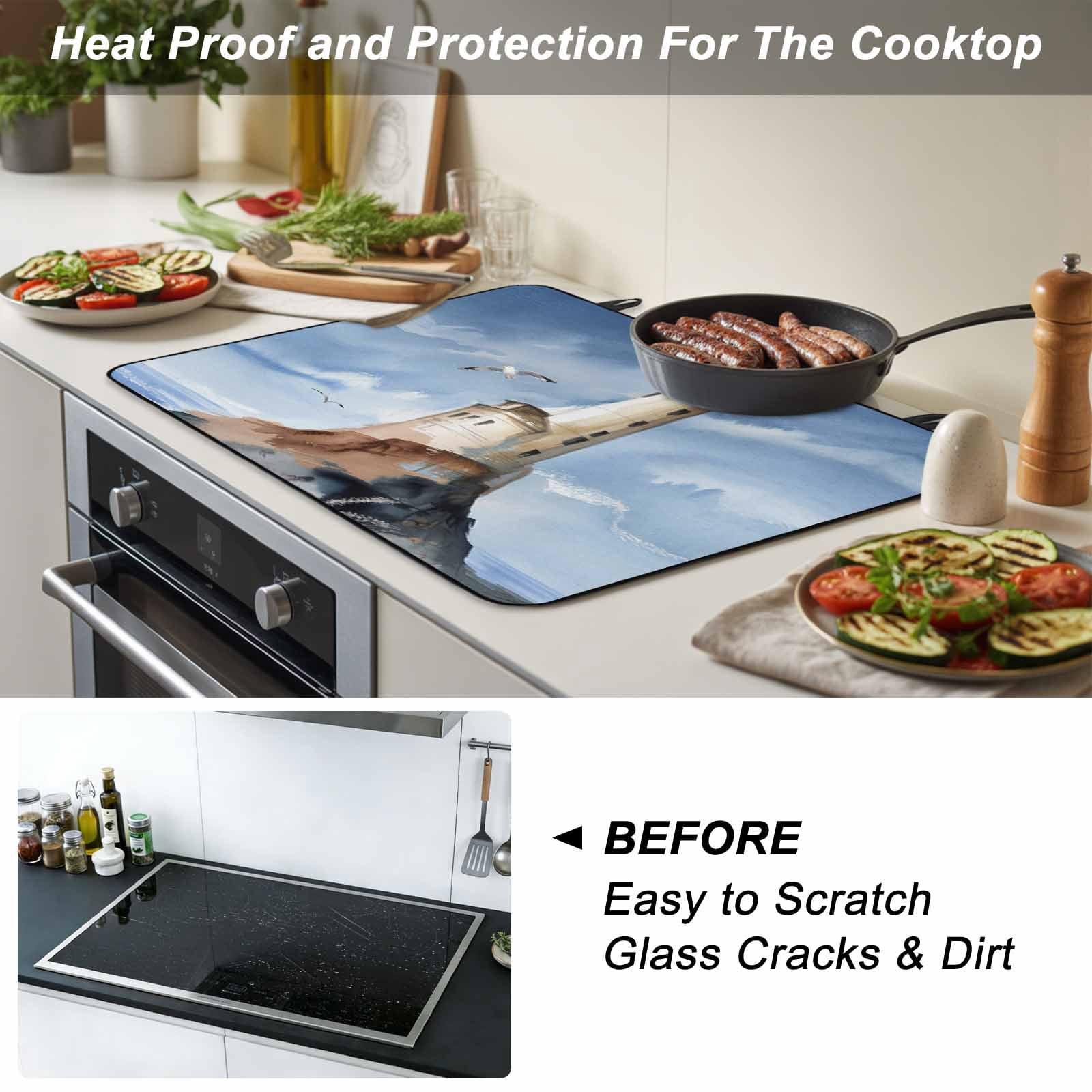 Beach Lighthouse Stove Top Cover for Electric Stove, Heat-proof & Non Slip Glass Top Stove Cover Protector, Coastal Ocean Sky Birds Oil Painting Kitchen Flat Cooktop Rubber Mat 24x21 Inches