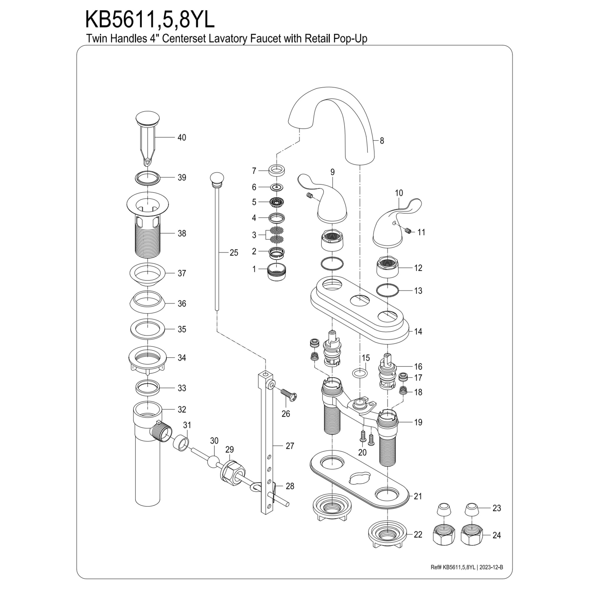 Kingston Brass KB5615YL Double-Handle 3-Hole Deck Mount 4-Inch Centerset Bathroom Faucet with Pop-Up Drain in Oil Rubbed Bronze