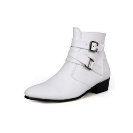 

Ymiytan Men Slip Resistant Ankle Dress Booties Walking Comfort Buckle Strap Casual Boot Party Non-Slip Winter Shoes White 8