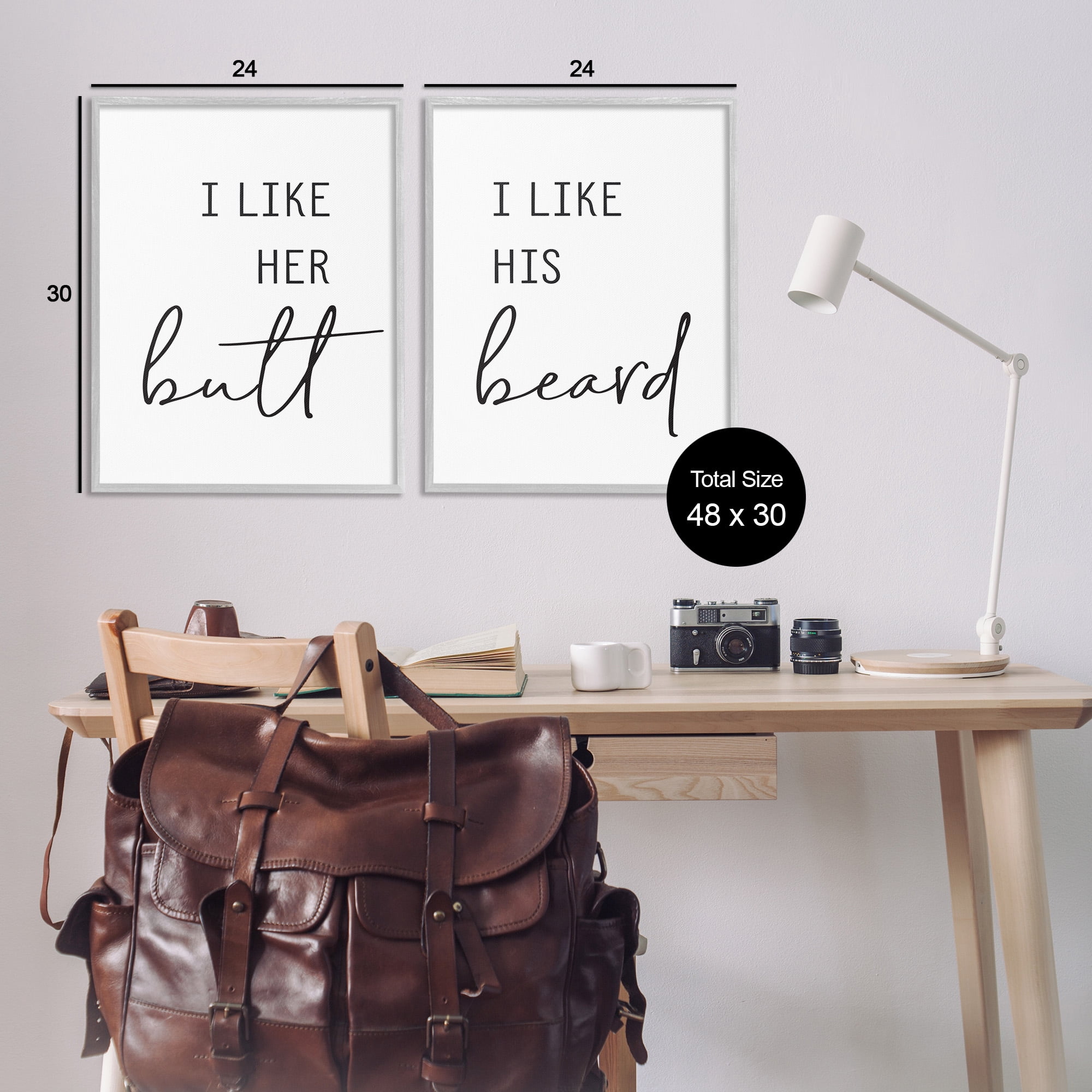 Stupell Industries Her Butt His Beard Funny Romantic Typography Painting Gray Framed Art Print Wall Art, 24 x 30, Set of 2