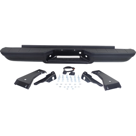 Step Bumper Compatible with GMC C/K 1500 P/U 1988-1999 Assembly Powdercoated Black Steel with Impact face strip and OE Type Bracket Stepside