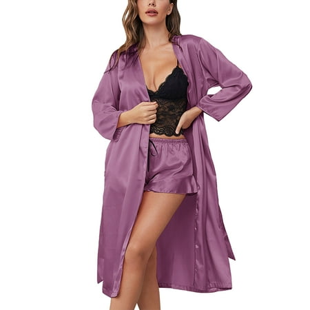 

Sebtyili Womens Nightgown Lingerie Satin Chemise Lingerie Nightie Full Slips Sleep Dress Slips Sleepwear 3 Pieces Of Nightgown