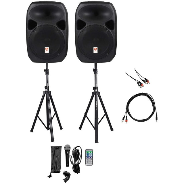 Rockville Bundle: (1) Rockville RPG122K Dual 12" Powered Speakers Bundle with Rockville RCDR10B 10' Dual RCA to Dual RCA Pro Audio Cable & Rockville RNRMR10 3.5mm 1/8" TRS to Dual RCA Cable (3 Items)