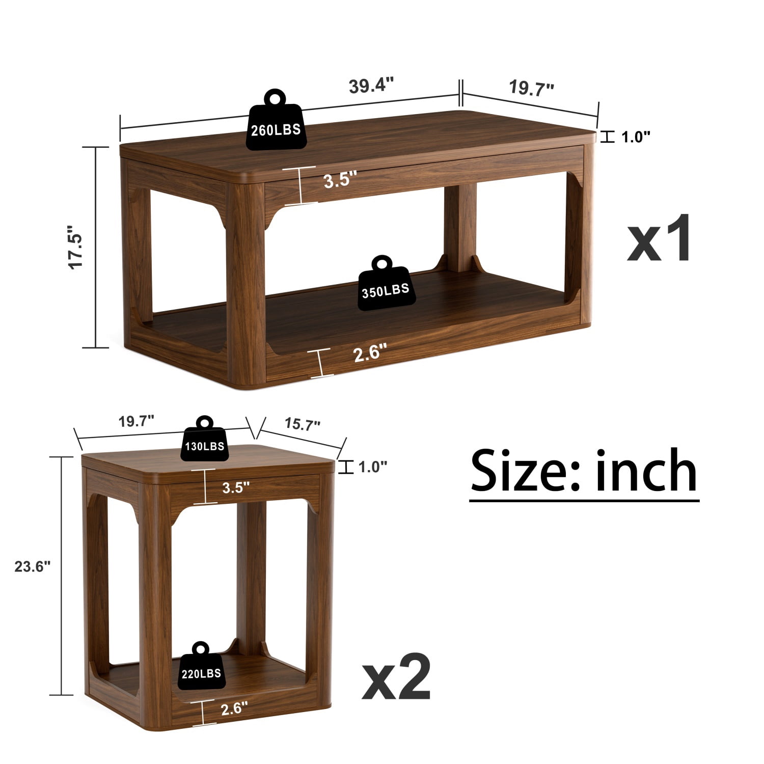 Hommoo Modern 3-Piece Coffee Table Set with Storage, Living Room Coffee Table + 2 Side Tables, Rounded Edges, Easy Assembly, Walnut