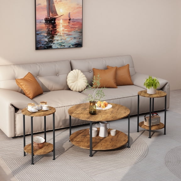 CQSXDA 3-Piece Living Room Coffee Table and End Table Sets in Rustic Brown for Modern Farmhouse Home with Large Storage Space
