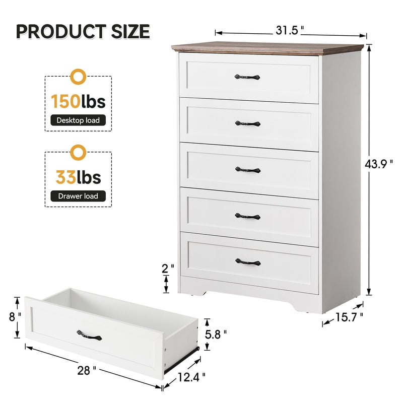 TROPOW Modern 5 Drawers Dresser, Chest of Drawers Closet Organizers and Storage Clothes, Modern Dressers for Closet Living Room, Kids Bedroom